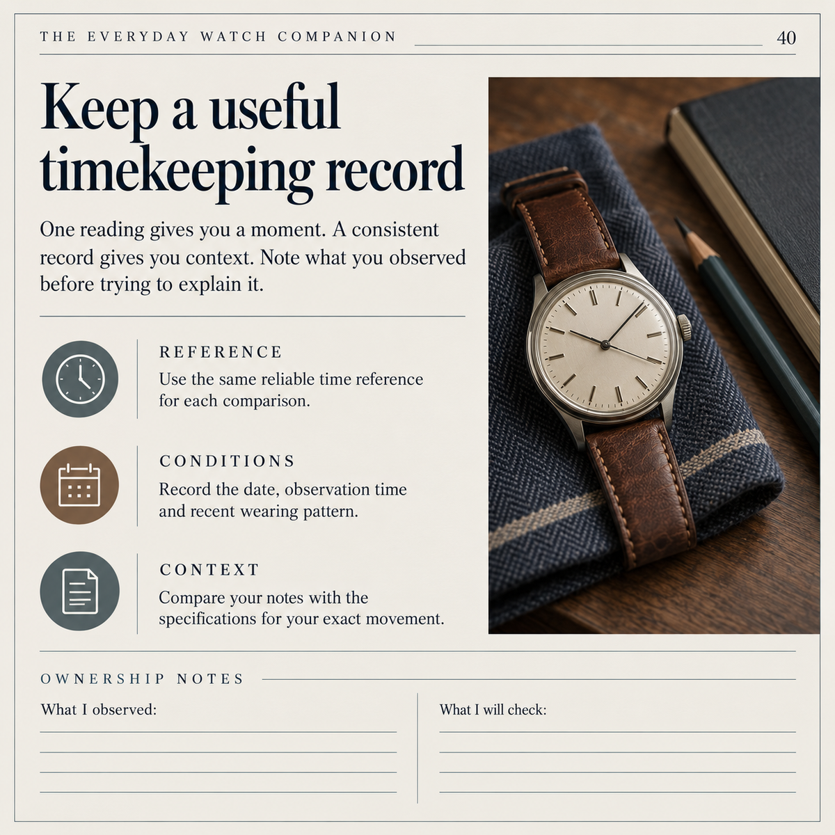 Sample interior page from The Everyday Watch Companion, titled Keep a useful timekeeping record.