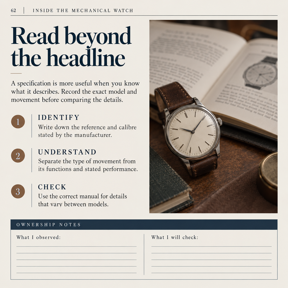 Sample interior page from Inside the Mechanical Watch, titled Read beyond the headline.
