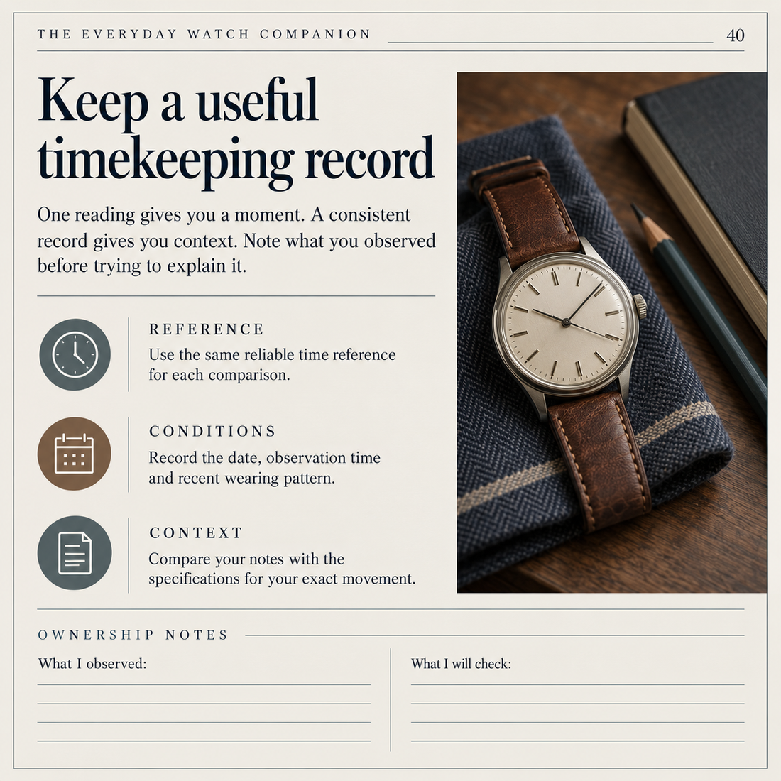 Sample interior page from The Everyday Watch Companion, titled Keep a useful timekeeping record.